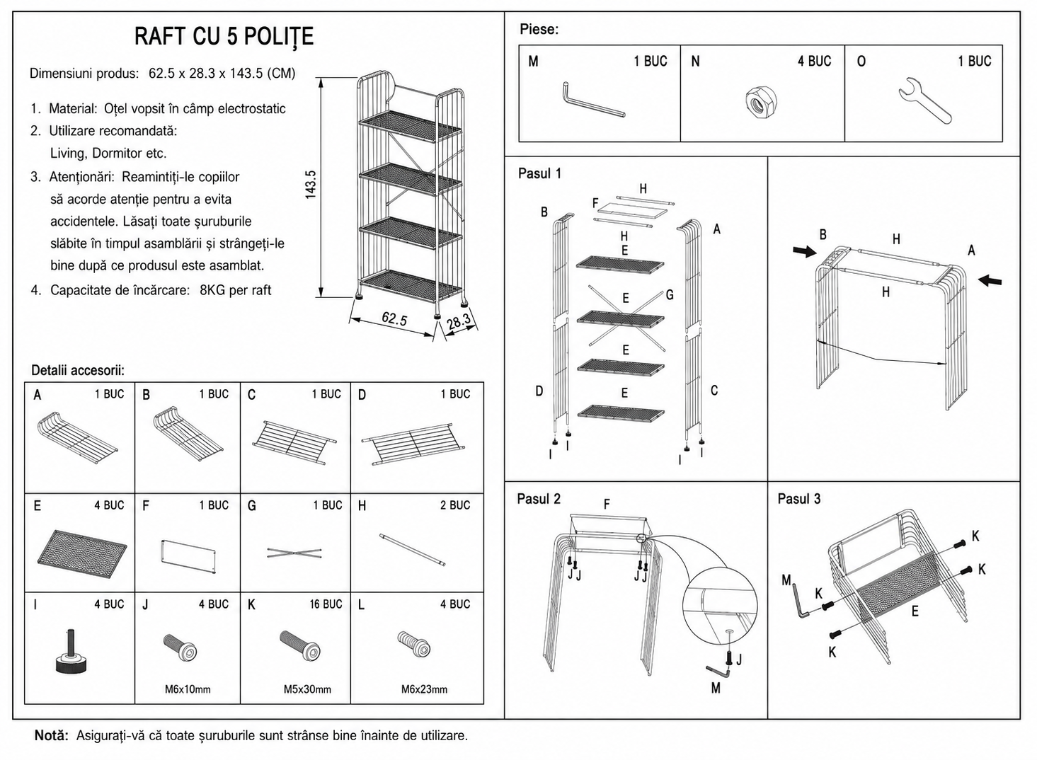 Raft depozitare metalic 4 polite, etajera organizare, 58x28x144.5 cm - Negru