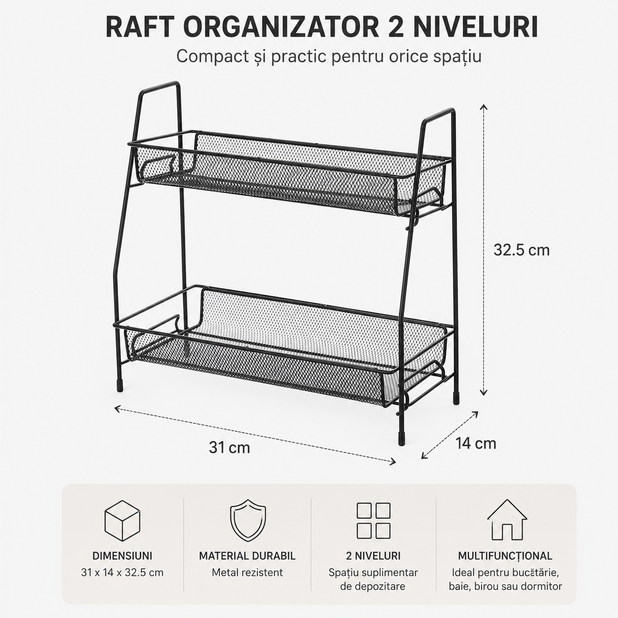Raft organizator bucatarie, 2 niveluri stil loft, metal, 31 x 32.5 x 17 cm, Metal, Negru