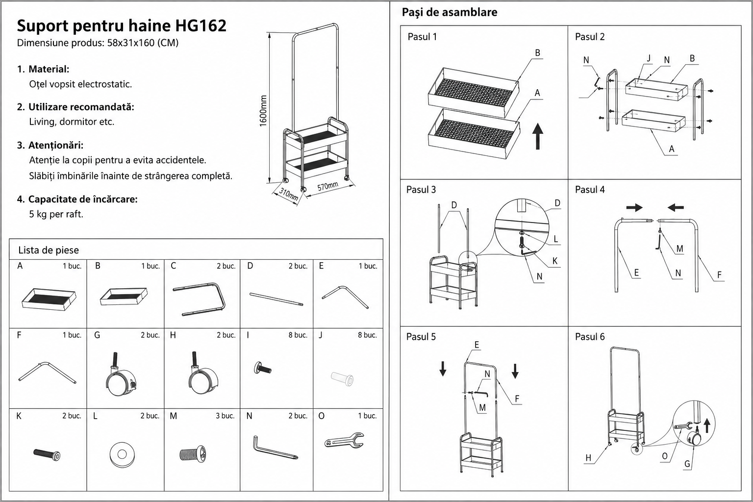 Suport haine metalic cu roti, organizator haine cu 2 cosuri, 160x57x31 cm, Negru - Premium
