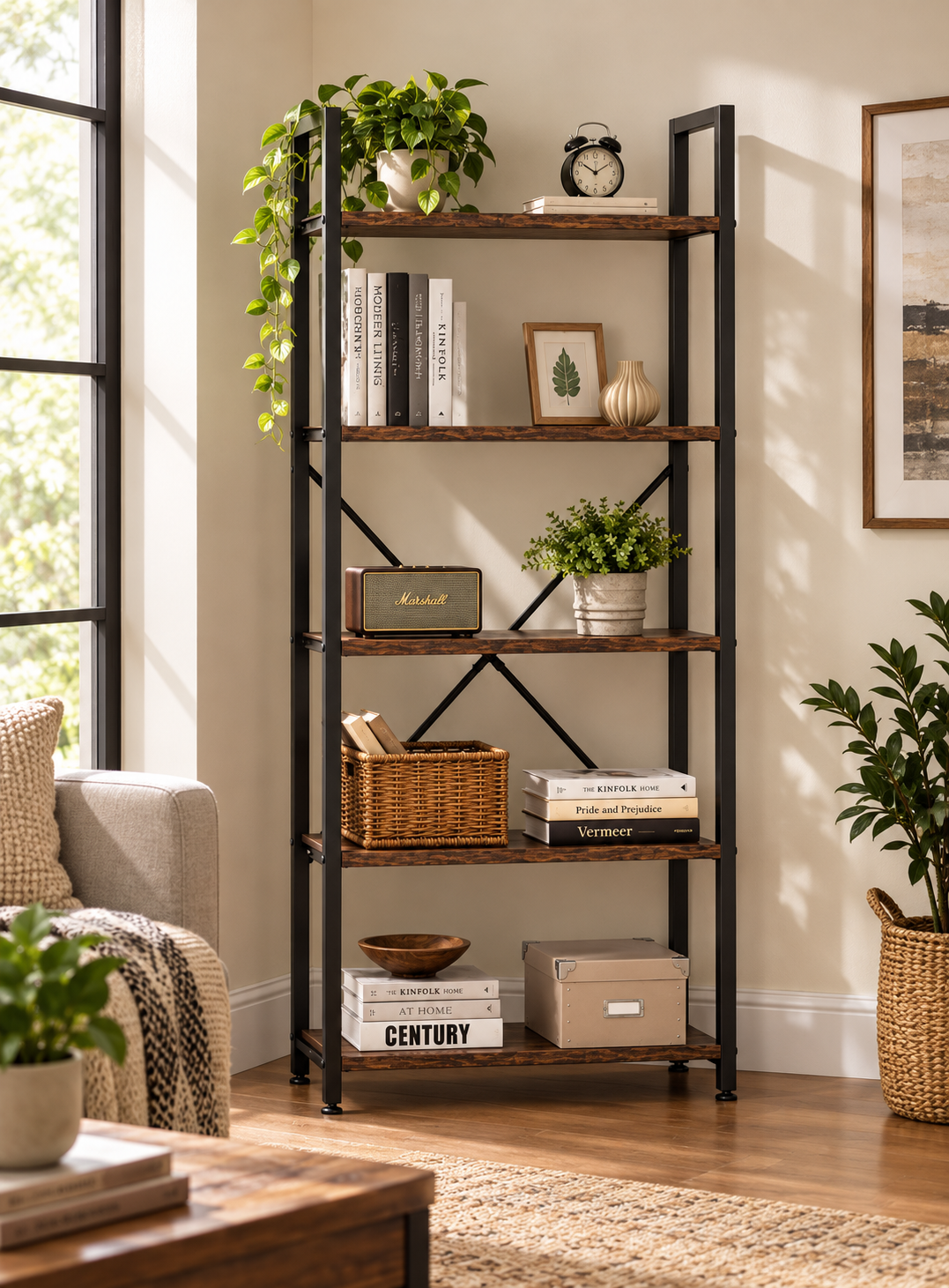 Raft Biblioteca Industriala cu 5 Etajere, Metal si Lemn, Negru/Maro, 63 x 24 x 163 cm
