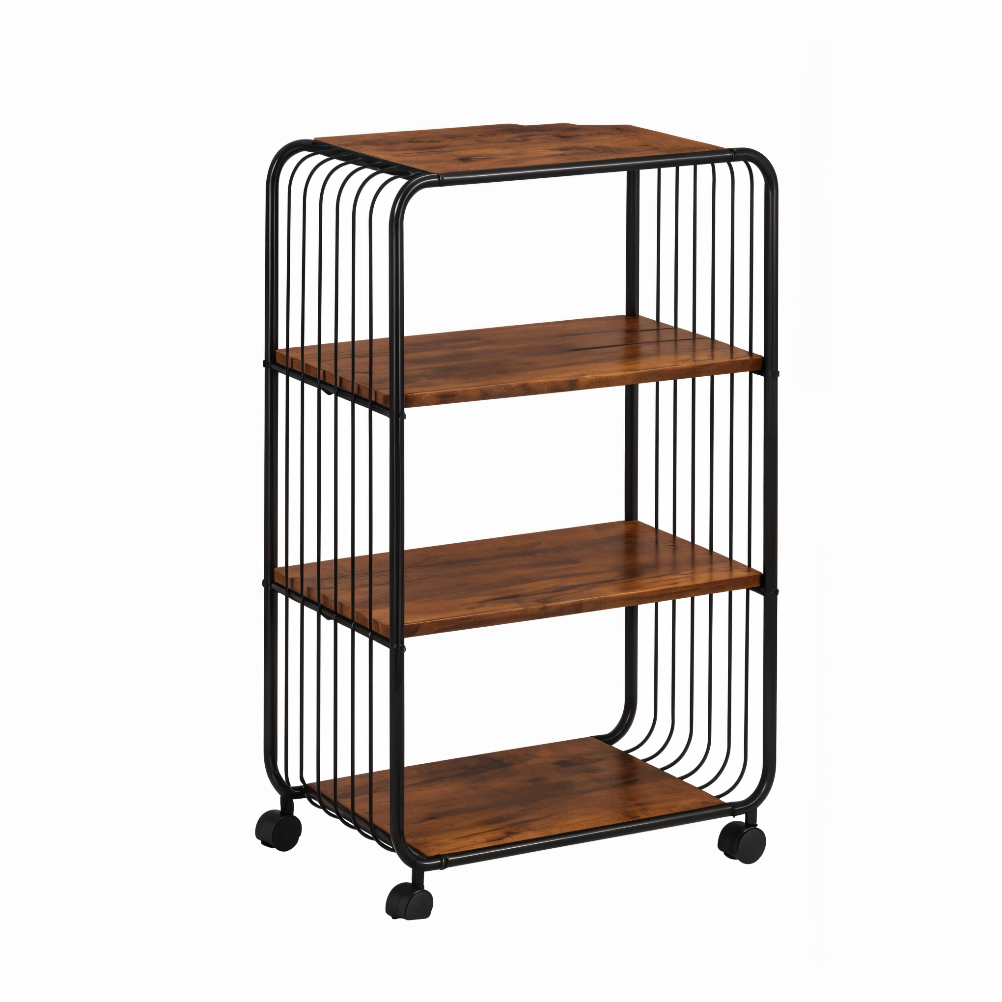 Raft mobil 3 niveluri cu roti 360°, Metal si lemn maro rustic, 43.5x28x74 cm, Negru/ Maro - Calitate Premium