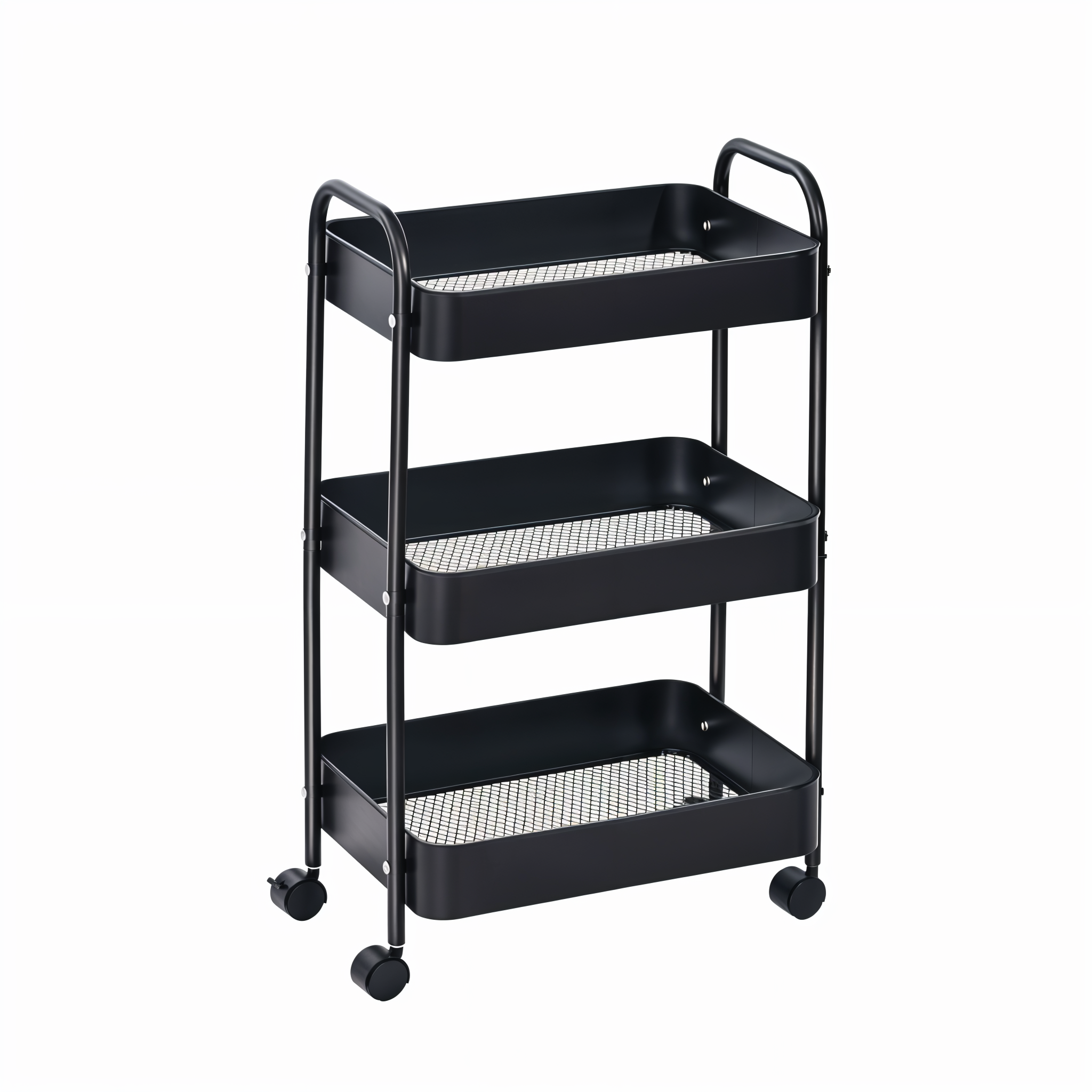 Raft mobil metalic 3 niveluri cu roti, organizator depozitare multifunctional, 38.5 x 26.5 x 67 - Negru