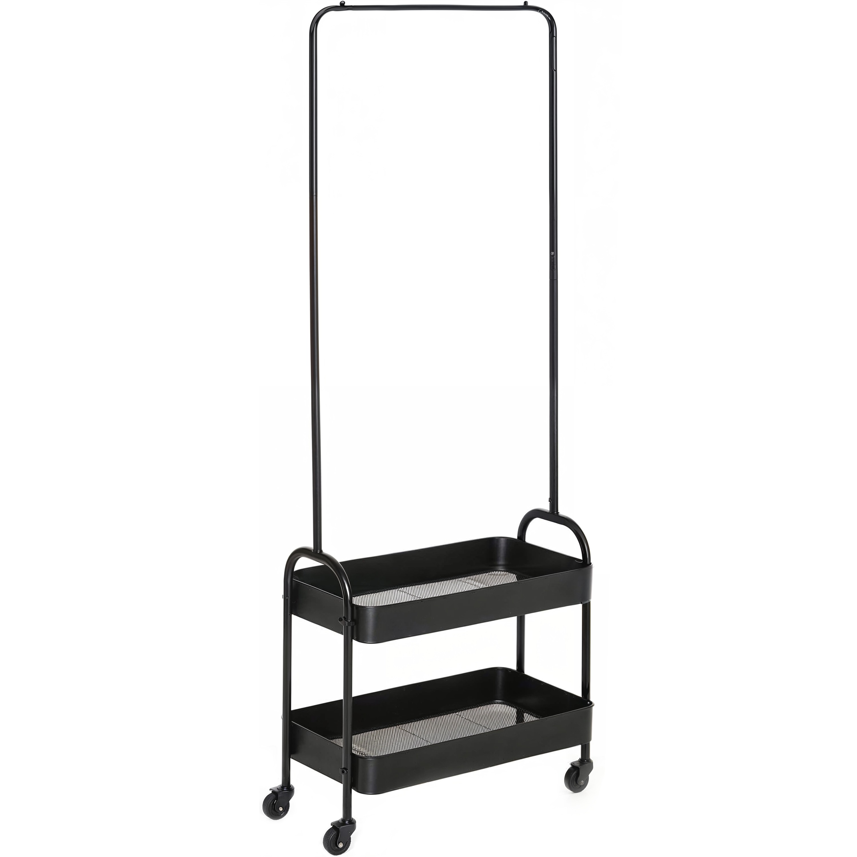 Suport haine metalic cu roti, organizator haine cu 2 cosuri, 160x57x31 cm, Negru - Premium
