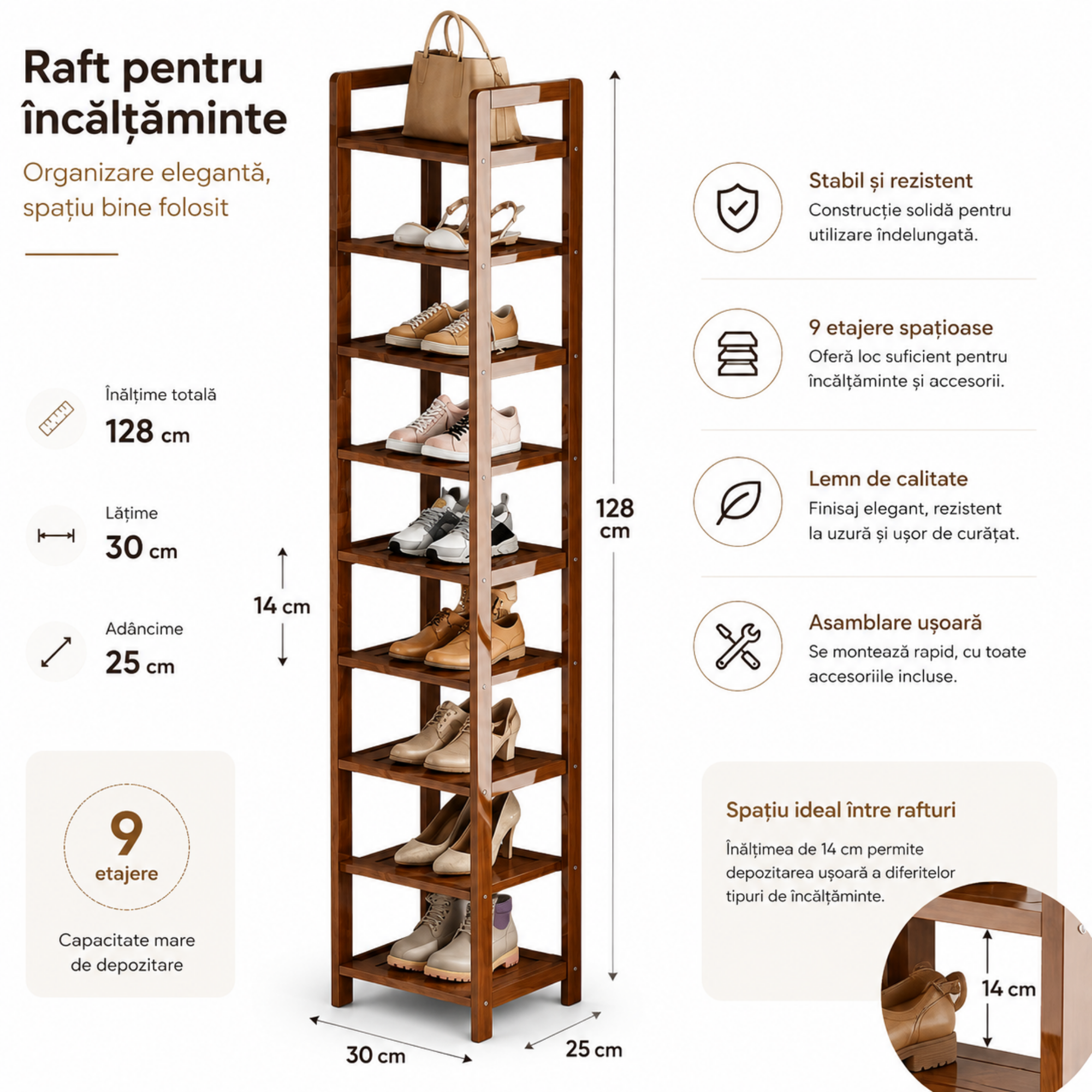 Organizator pantofi ingust din lemn Sheesham, 7 niveluri, suport pantofi vertical, dulap pantofi compact pentru hol, maro, economisire spati