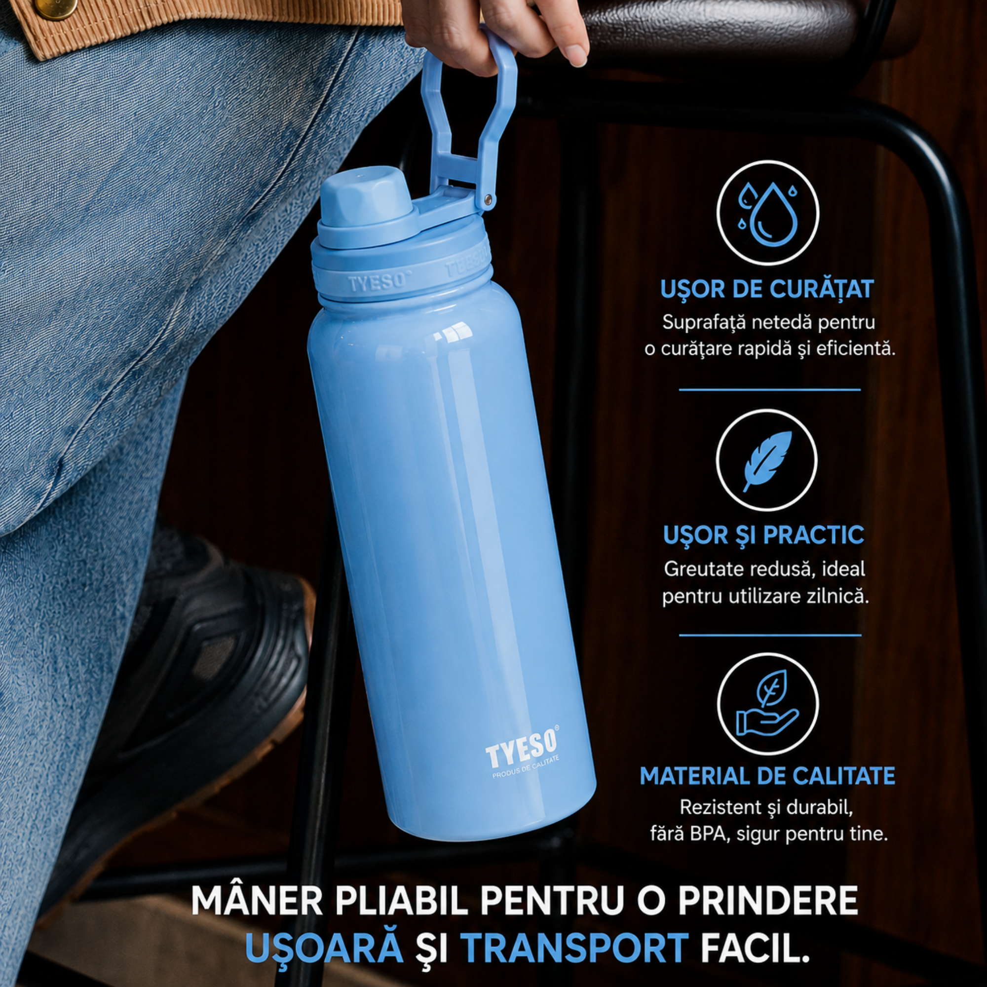 Sticla termica TYESO din inox, izolare vacuum, capac flip-top, Turcoiz - 600 ml