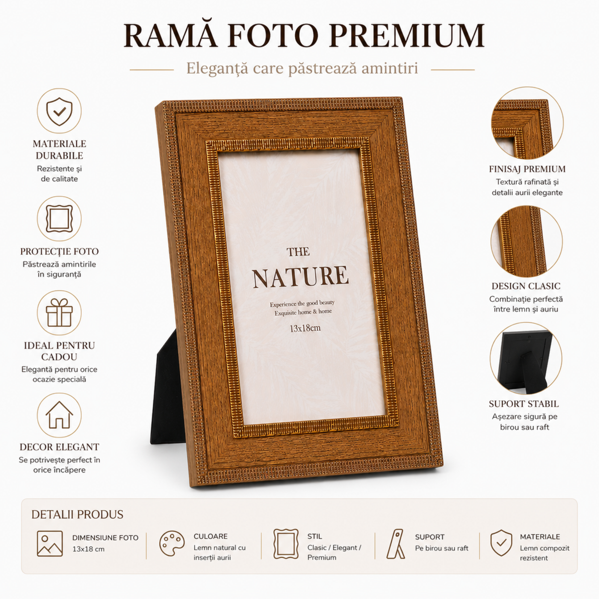 Rama Foto Vintage Caramel cu Insertii Aurii, Aspect Lemn