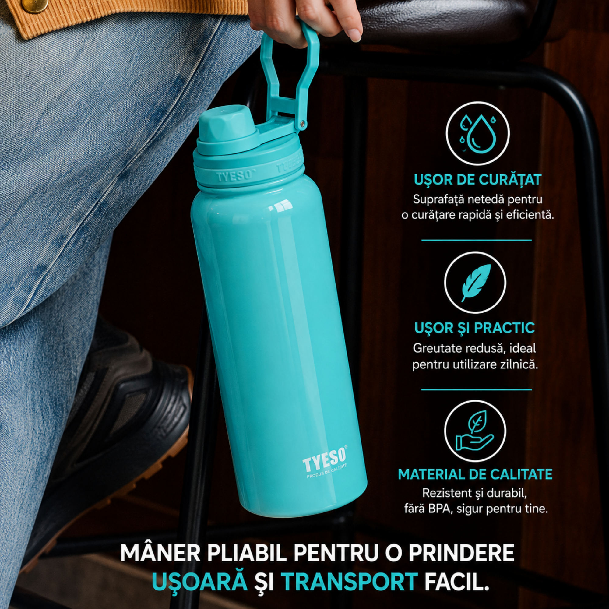 Sticla termica TYESO din inox, izolare vacuum, capac flip-top, Turcoiz - 600 ml