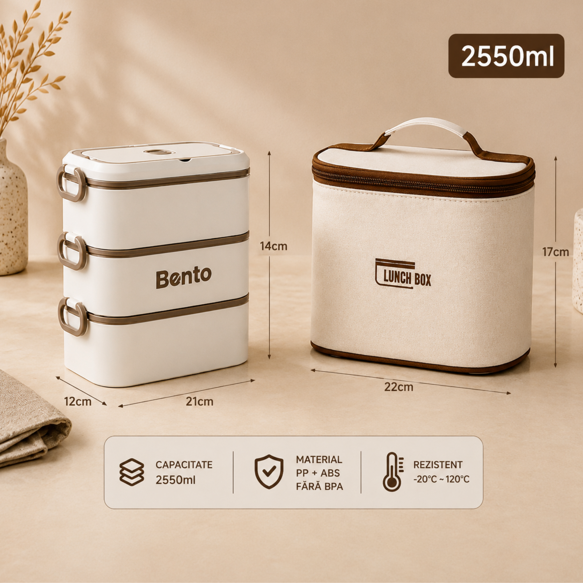 Cutie Lunch Box Bento din inox, cu geanta termoizolanta si tacamuri - Bej