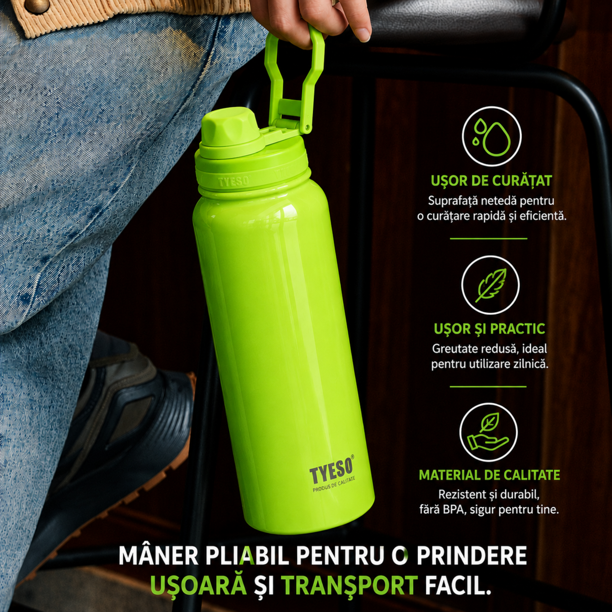 Sticla termica TYESO din inox, izolare vacuum, capac flip-top, Turcoiz - 600 ml