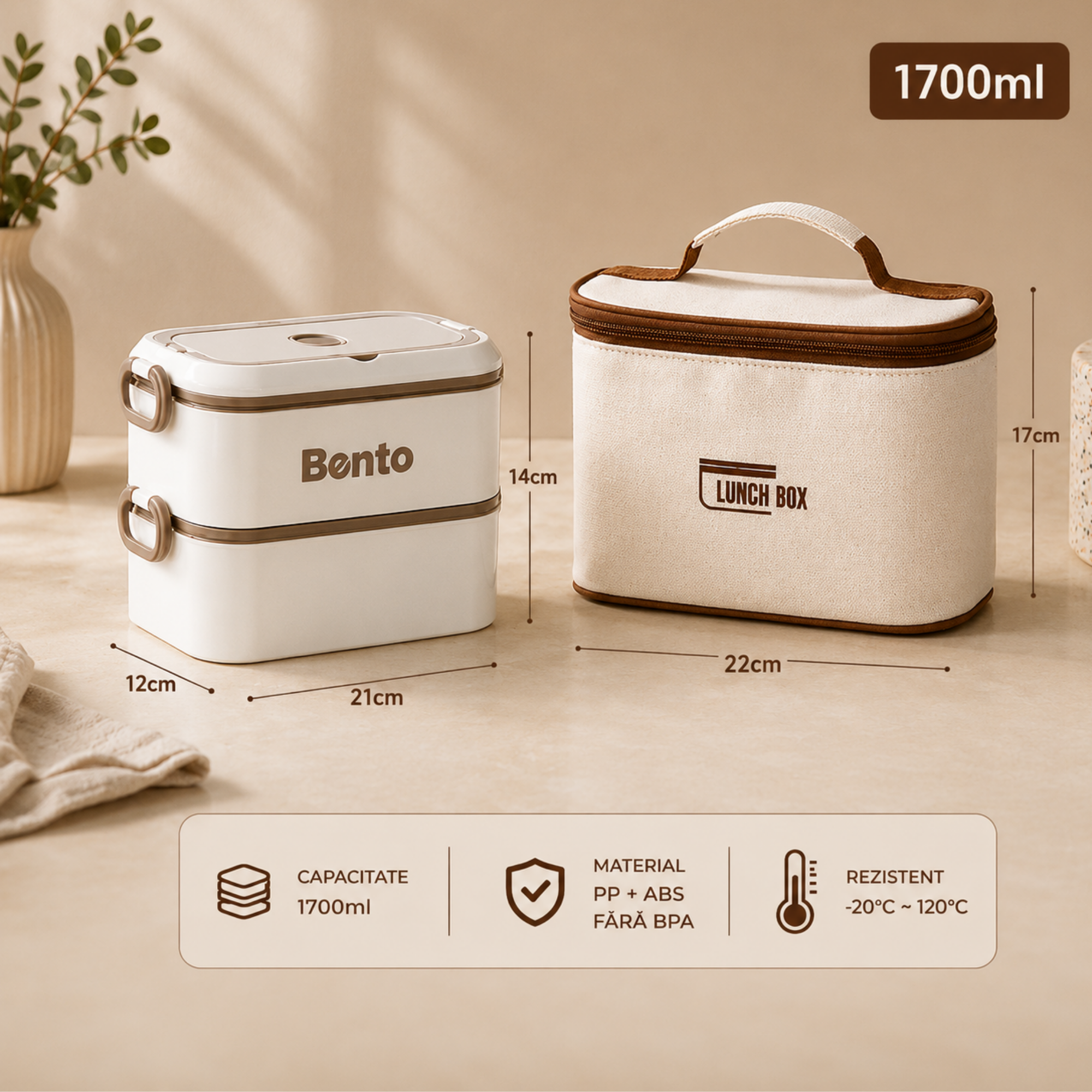 Cutie Lunch Box Bento din inox, cu geanta termoizolanta si tacamuri - Bej