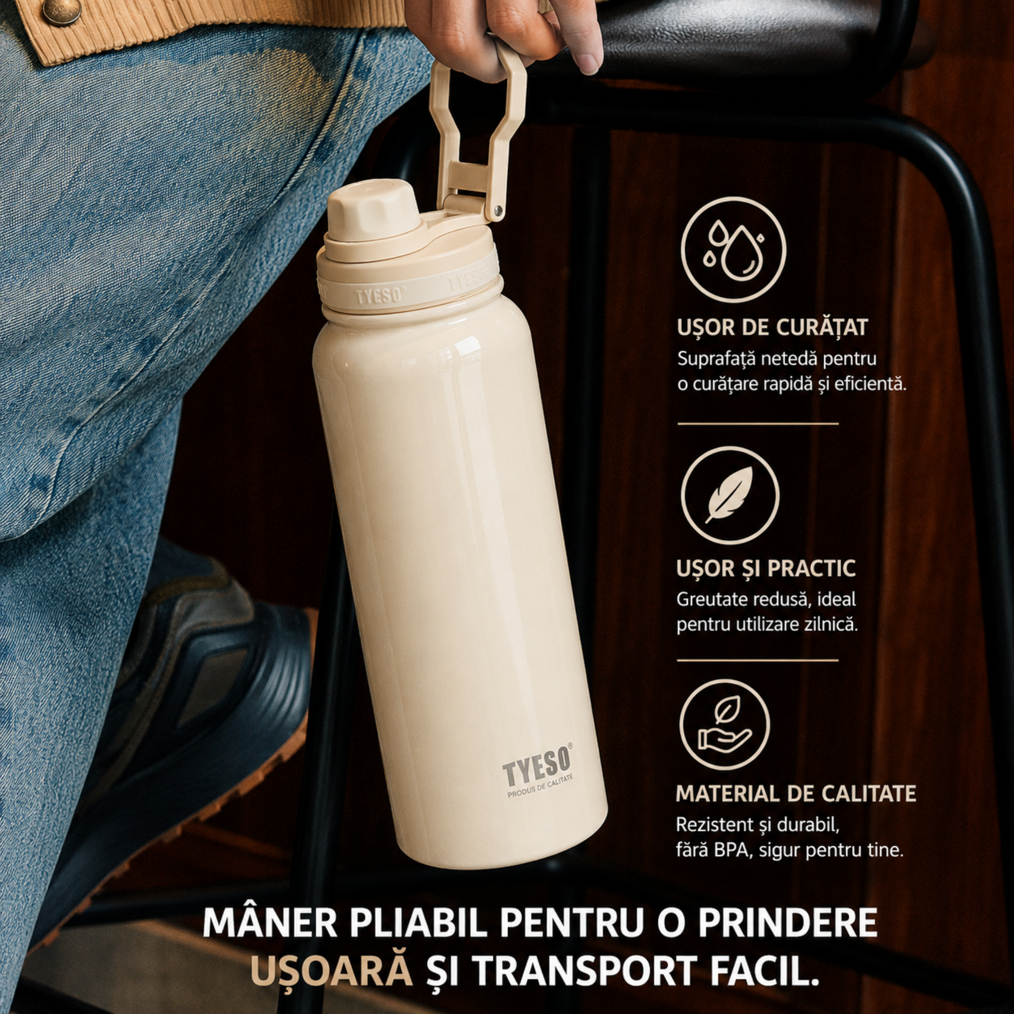 Sticla termica TYESO din inox, izolare vacuum, capac flip-top, Turcoiz - 600 ml
