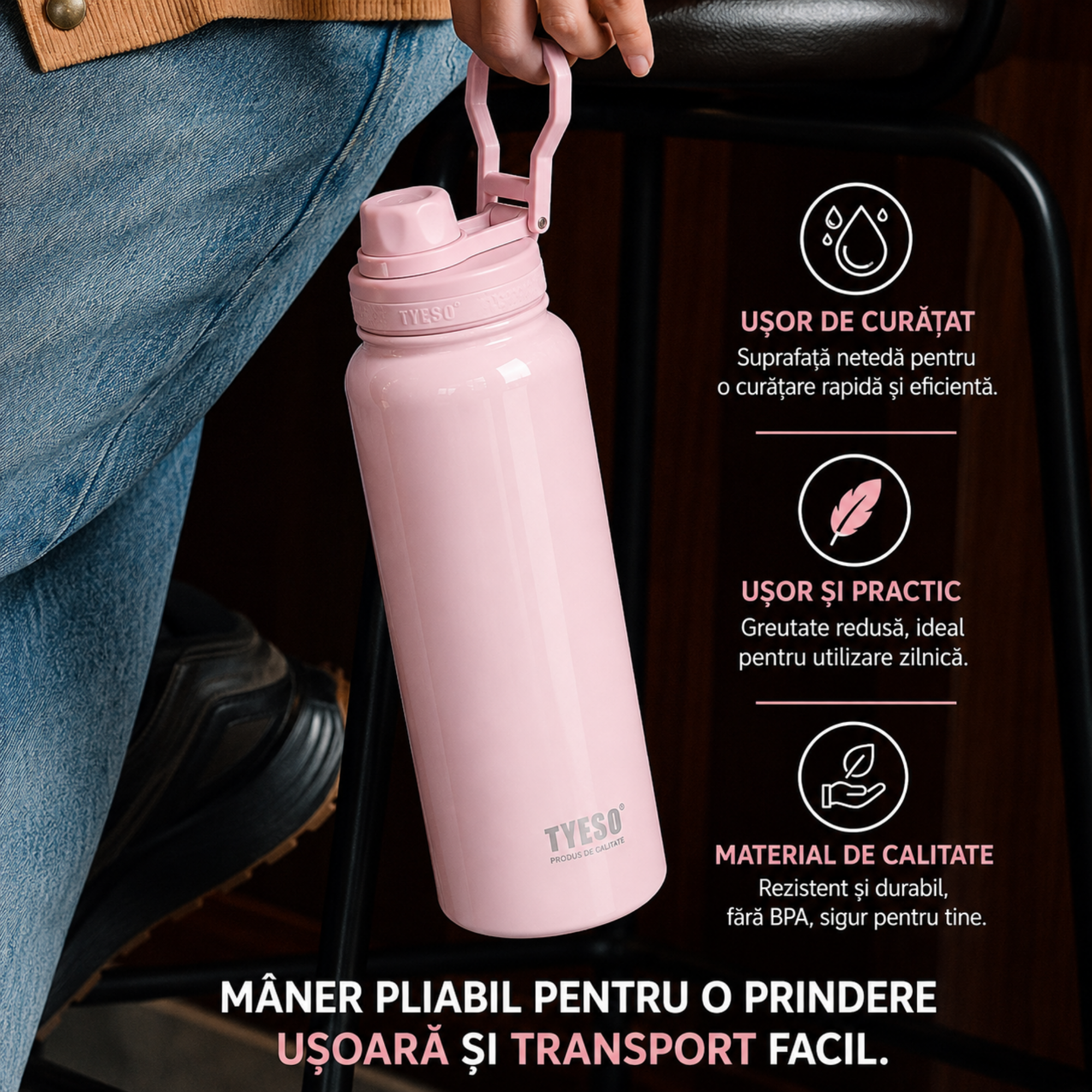 Sticla termica TYESO din inox, izolare vacuum, capac flip-top, Turcoiz - 600 ml