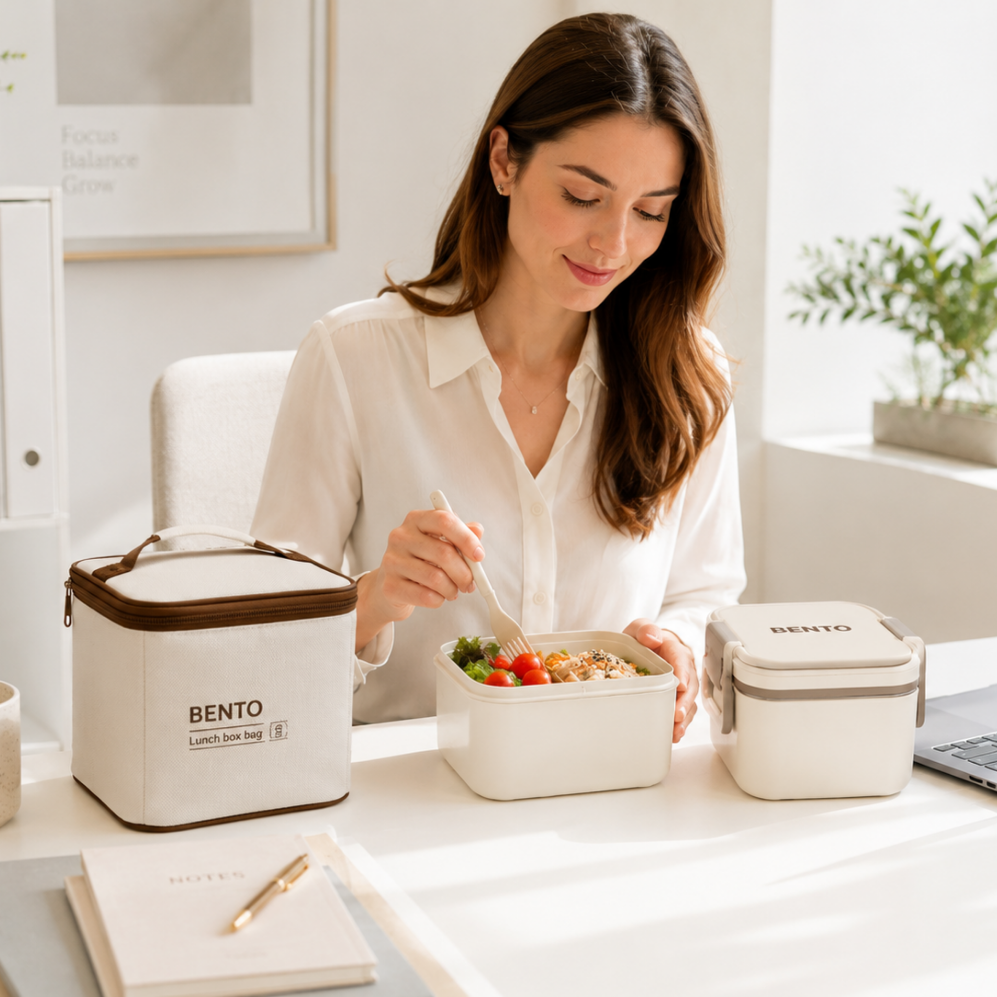 Caserola Termica Bento 2 Compartimente cu Insertii din Inox SUS304, Geanta Termoizolanta Inclusa, 12.5 x 12.5 x 14 cm, Crem-Bej