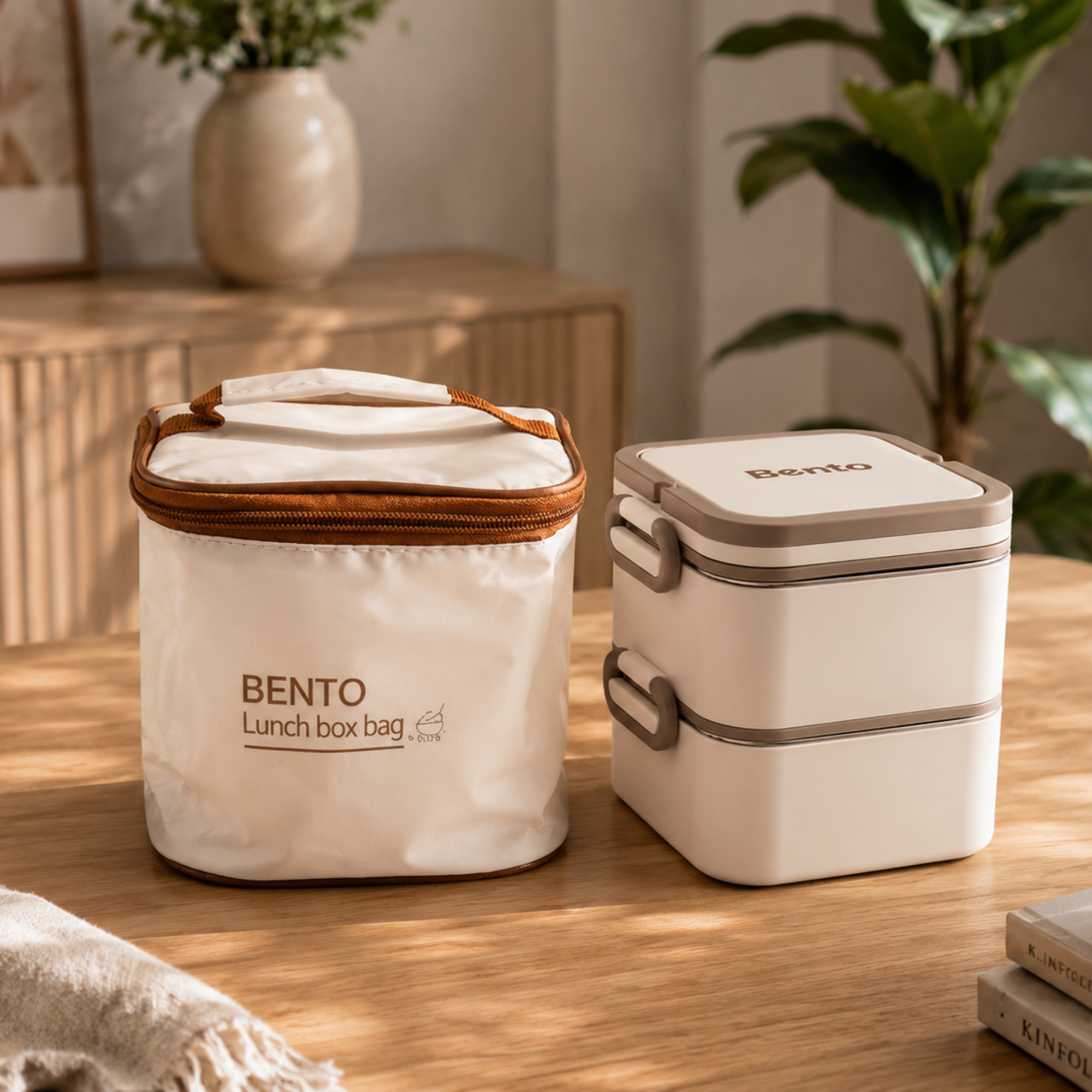Caserola Termica Bento 2 Compartimente cu Insertii din Inox SUS304, Geanta Termoizolanta Inclusa, 12.5 x 12.5 x 14 cm, Crem-Bej