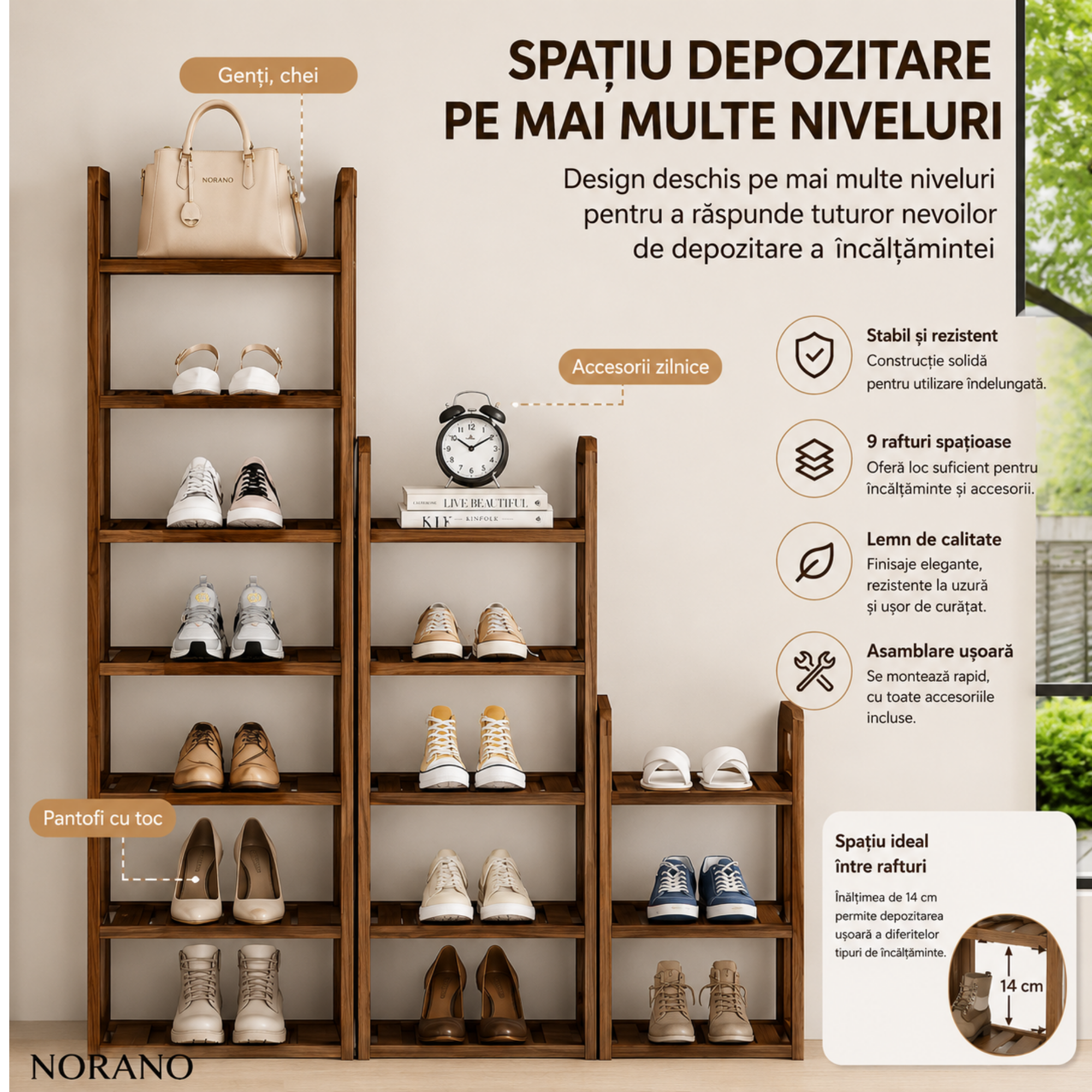 Organizator pantofi ingust din lemn Sheesham, 7 niveluri, suport pantofi vertical, dulap pantofi compact pentru hol, maro, economisire spati