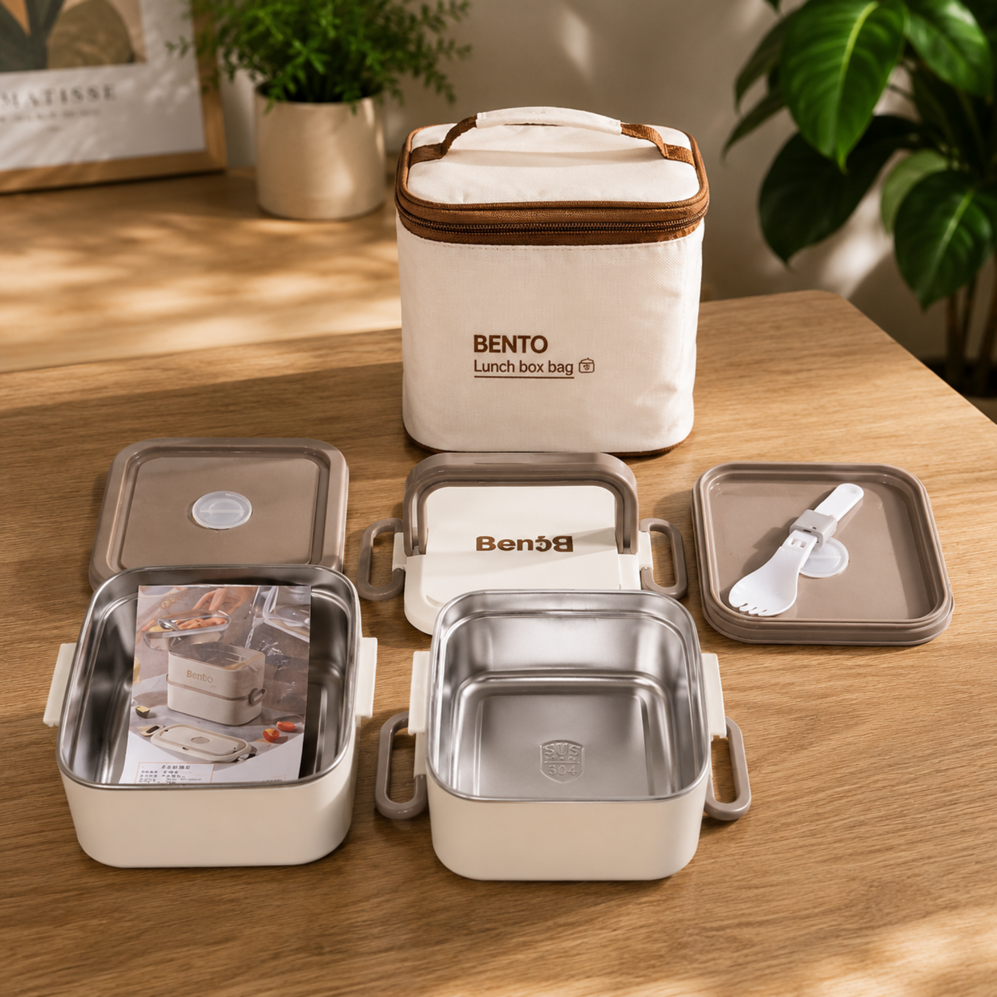 Caserola Termica Bento 2 Compartimente cu Insertii din Inox SUS304, Geanta Termoizolanta Inclusa, 12.5 x 12.5 x 14 cm, Crem-Bej