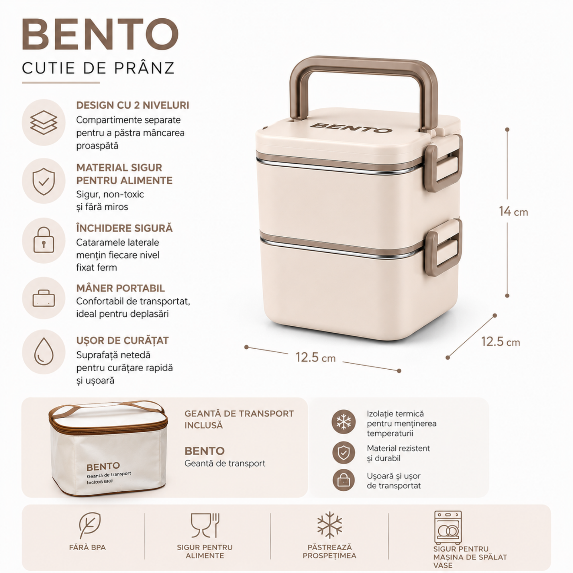 Caserola Termica Bento 2 Compartimente cu Insertii din Inox SUS304, Geanta Termoizolanta Inclusa, 12.5 x 12.5 x 14 cm, Crem-Bej