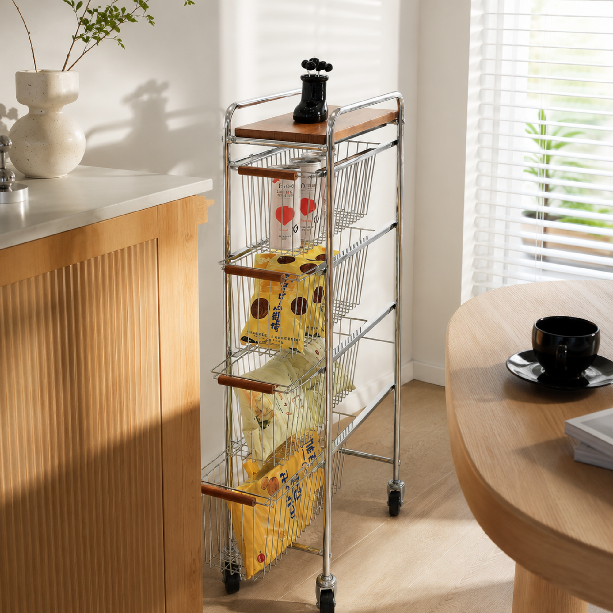 Raft pentru spatii mici cu 3 Etaje, Roti, Metal & Lemn – Organizator Smart, 20 x 39 x 72 cm - Premium