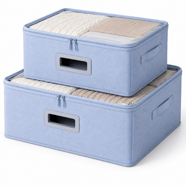 Set 2 Cutii Depozitare NATTEYA, Capac Transparent, Pliabile, 40x35x25 & 35x26x20 cm - Albastru