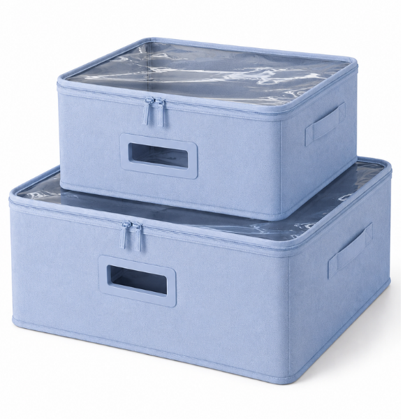 Set 2 Cutii Depozitare NATTEYA, Capac Transparent, Pliabile, 40x35x25 & 35x26x20 cm - Albastru