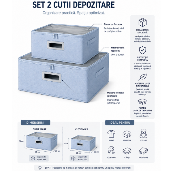 Set 2 Cutii Depozitare NATTEYA, Capac Transparent, Pliabile, 40x35x25 & 35x26x20 cm - Albastru