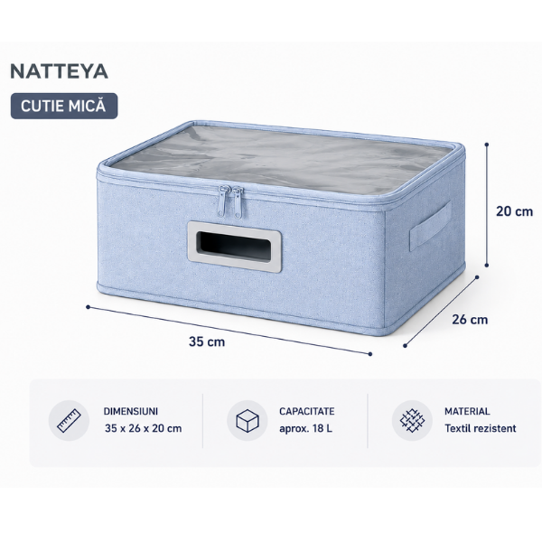 Set 2 Cutii Depozitare NATTEYA, Capac Transparent, Pliabile, 40x35x25 & 35x26x20 cm - Albastru