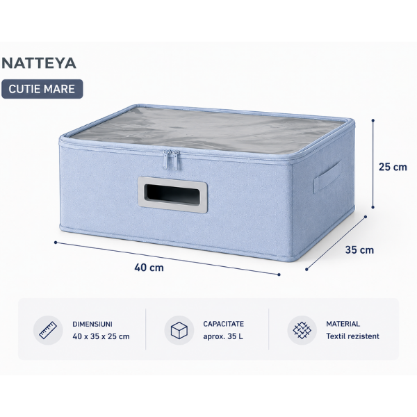 Set 2 Cutii Depozitare NATTEYA, Capac Transparent, Pliabile, 40x35x25 & 35x26x20 cm - Albastru