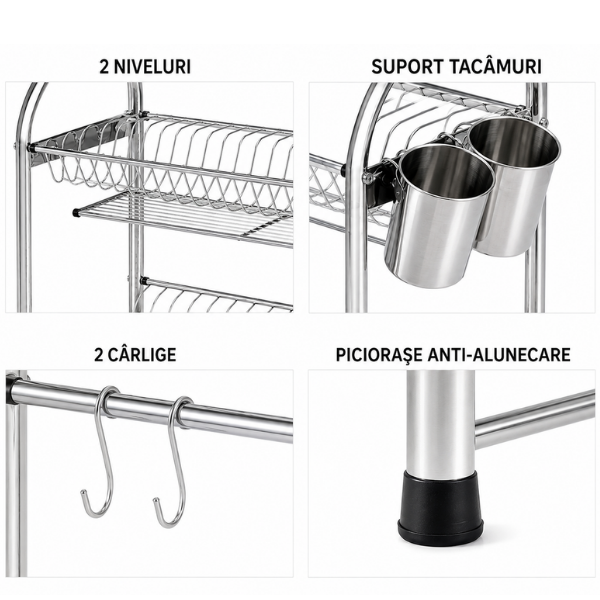 Scurgator de vase 2 niveluri din inox, suport tacâmuri detașabil, 2 carligi, picioare anti-alunecare