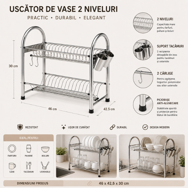 Scurgator de vase 2 niveluri din inox, suport tacâmuri detașabil, 2 carligi, picioare anti-alunecare