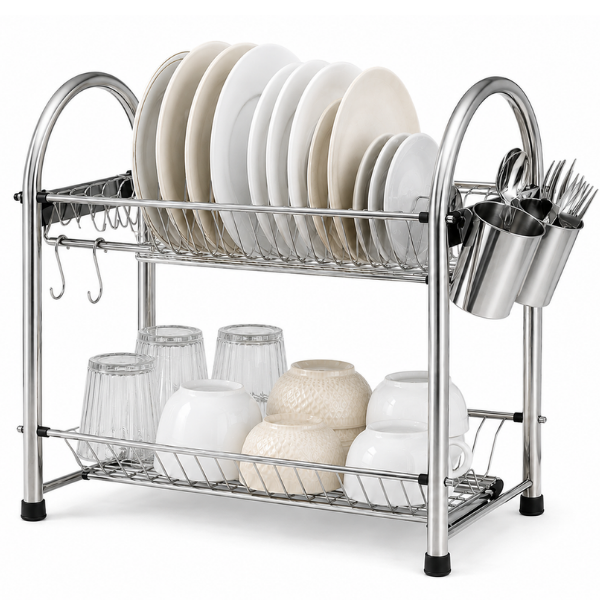 Scurgator de vase 2 niveluri din inox, suport tacâmuri detașabil, 2 carligi, picioare anti-alunecare