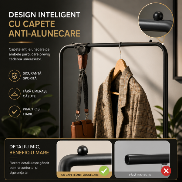 Suport haine metalic cu roti, organizator haine cu 2 cosuri, 160x57x31 cm, Negru - Premium
