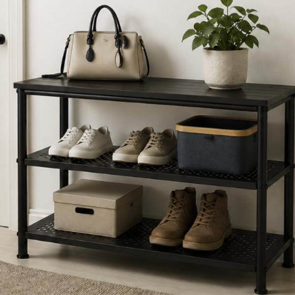 Banca pantofi metalica premium, Blat din Lemn, Ultra rezistenta, 79x35x52 cm, Negru - Calitate premium