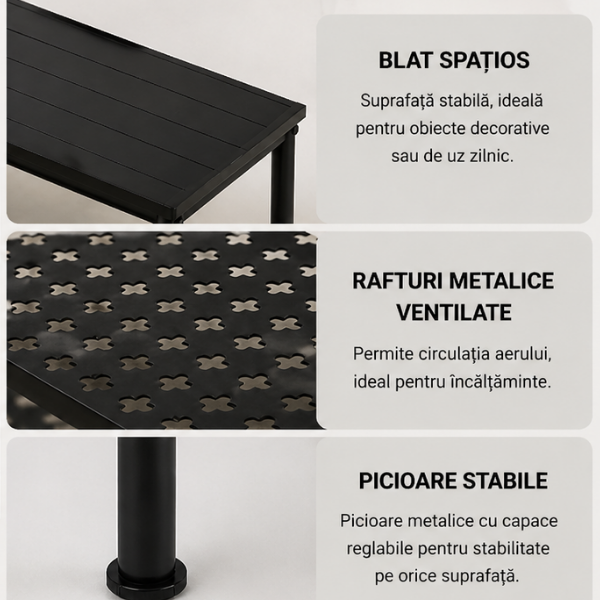 Banca pantofi metalica premium, Blat din Lemn, Ultra rezistenta, 79x35x52 cm, Negru - Calitate premium