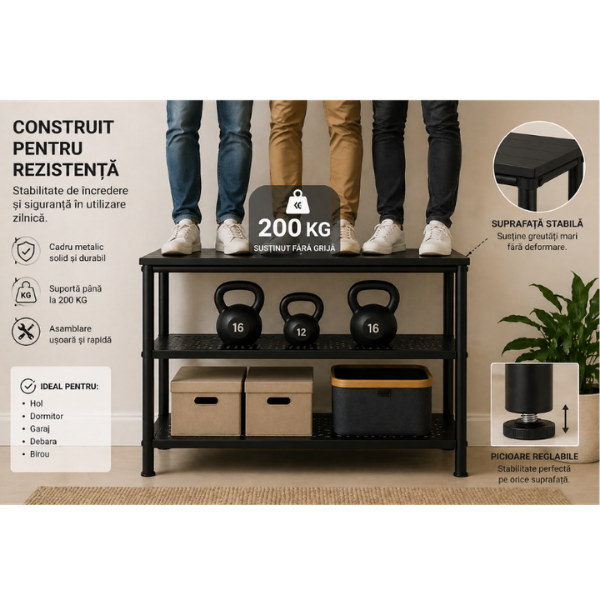 Banca pantofi metalica premium, Blat din Lemn, Ultra rezistenta, 79x35x52 cm, Negru - Calitate premium