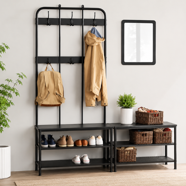 Banca pantofi metalica premium, Blat din Lemn, Ultra rezistenta, 79x35x52 cm, Negru - Calitate premium