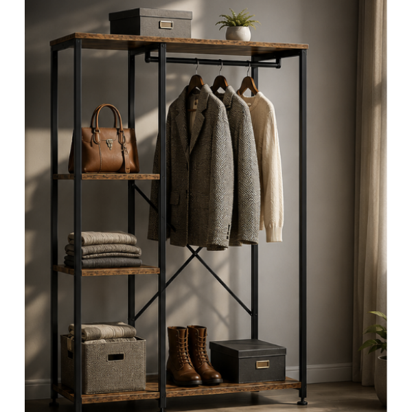 Suport Haine Metalic, Dressing & Hol, Negru/ Maro - 167x40x90 cm - Premium