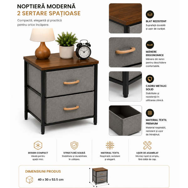 Noptiera 2 Etajere cu Sertare Textil, Lemn & Metal – 40x30x53.5 cm