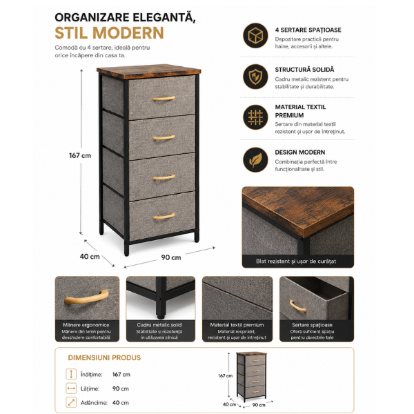 Noptiera cu 4 sertare, material textil, blat din lemn si cadru metalic - 40 x 30 x 94 cm - Gri