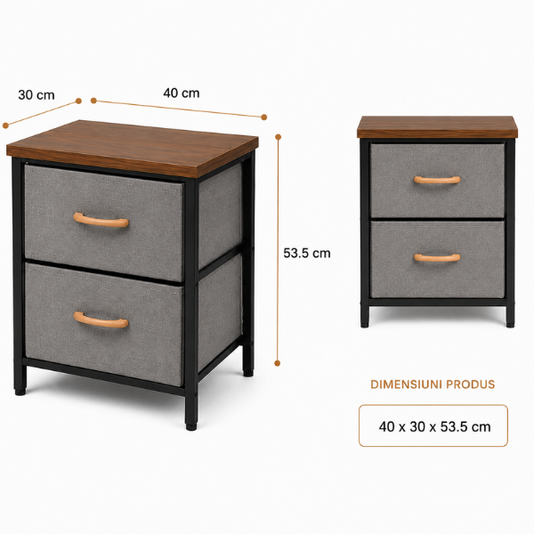 Noptiera 2 Etajere cu Sertare Textil, Lemn & Metal – 40x30x53.5 cm