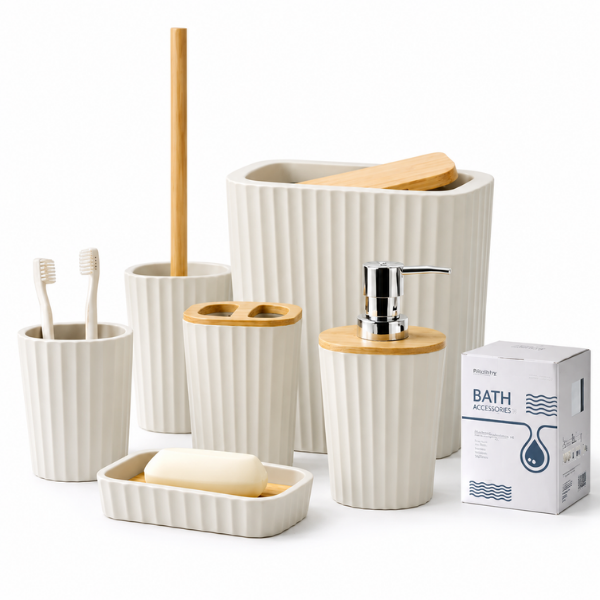 Set Accesorii Baie Bathlux, 6 Piese, Design Modern cu Bambus