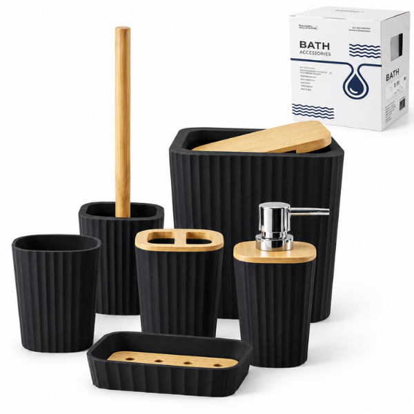 Set Accesorii Baie Bathlux, 6 Piese, Design Modern cu Bambus