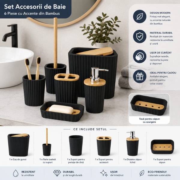 Set Accesorii Baie Bathlux, 6 Piese, Design Modern cu Bambus