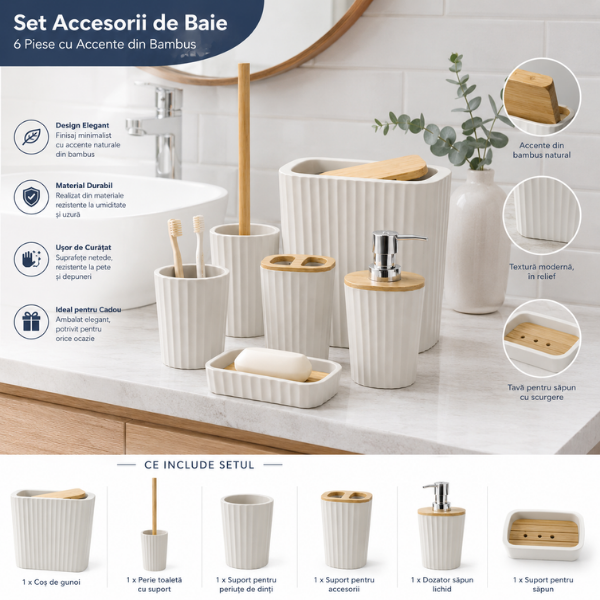 Set Accesorii Baie Bathlux, 6 Piese, Design Modern cu Bambus