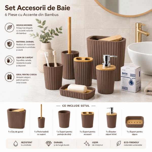 Set Accesorii Baie Bathlux, 6 Piese, Design Modern cu Bambus