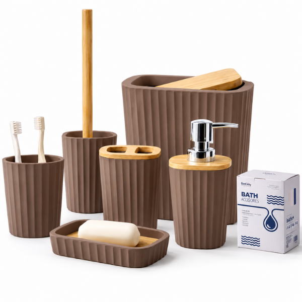 Set Accesorii Baie Bathlux, 6 Piese, Design Modern cu Bambus