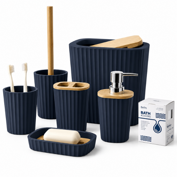 Set Accesorii Baie Bathlux, 6 Piese, Design Modern cu Bambus