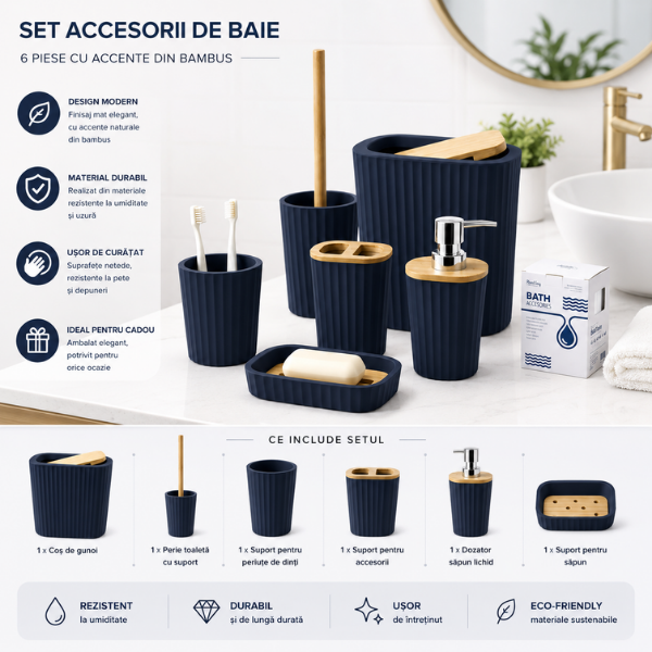 Set Accesorii Baie Bathlux, 6 Piese, Design Modern cu Bambus