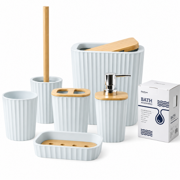 Set Accesorii Baie Bathlux, 6 Piese, Design Modern cu Bambus