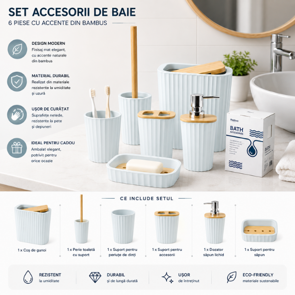 Set Accesorii Baie Bathlux, 6 Piese, Design Modern cu Bambus