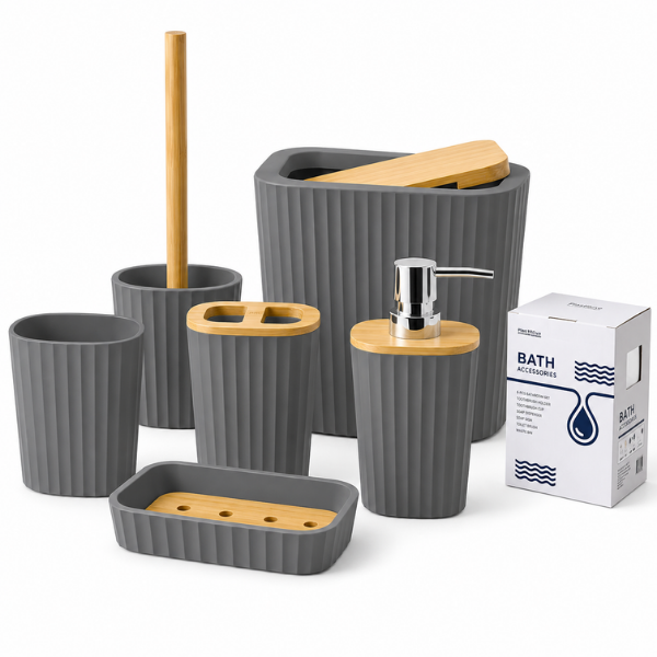 Set Accesorii Baie Bathlux, 6 Piese, Design Modern cu Bambus
